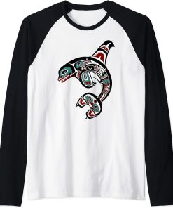 Orca Killer Whale Pacific Alaska Native American Indian Clan Raglan Baseball Tee