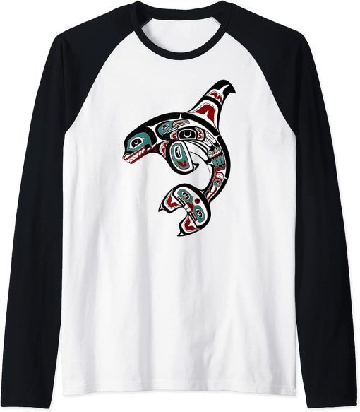 Orca Killer Whale Pacific Alaska Native American Indian Clan Raglan Baseball Tee